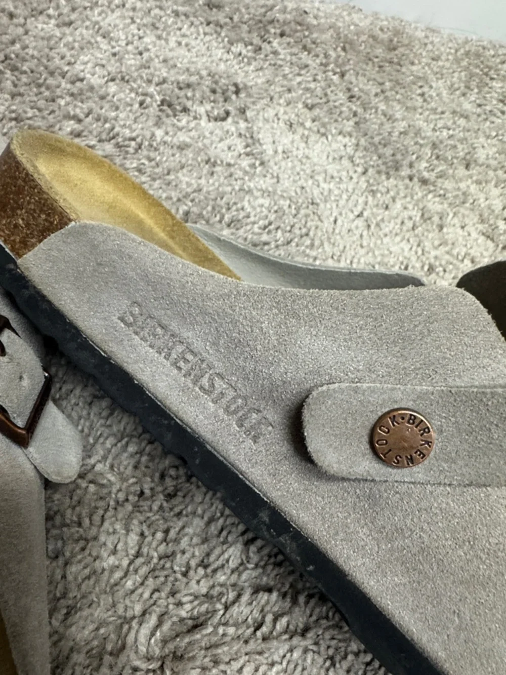 Birkenstock Suede Clog Mule in Taupe with Metallic Buckle
